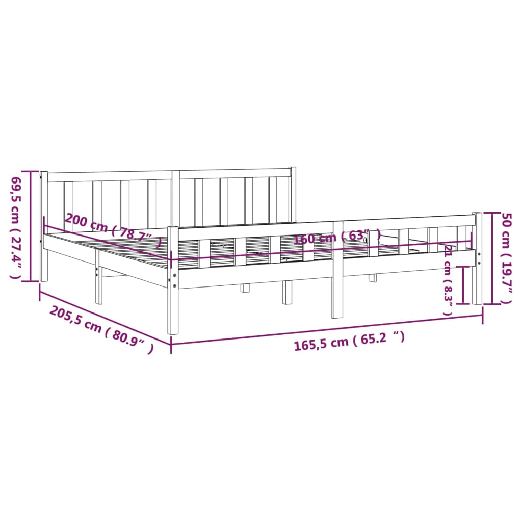 vidaXL Okvir za krevet od masivnog drva bijeli 160 x 200 cm