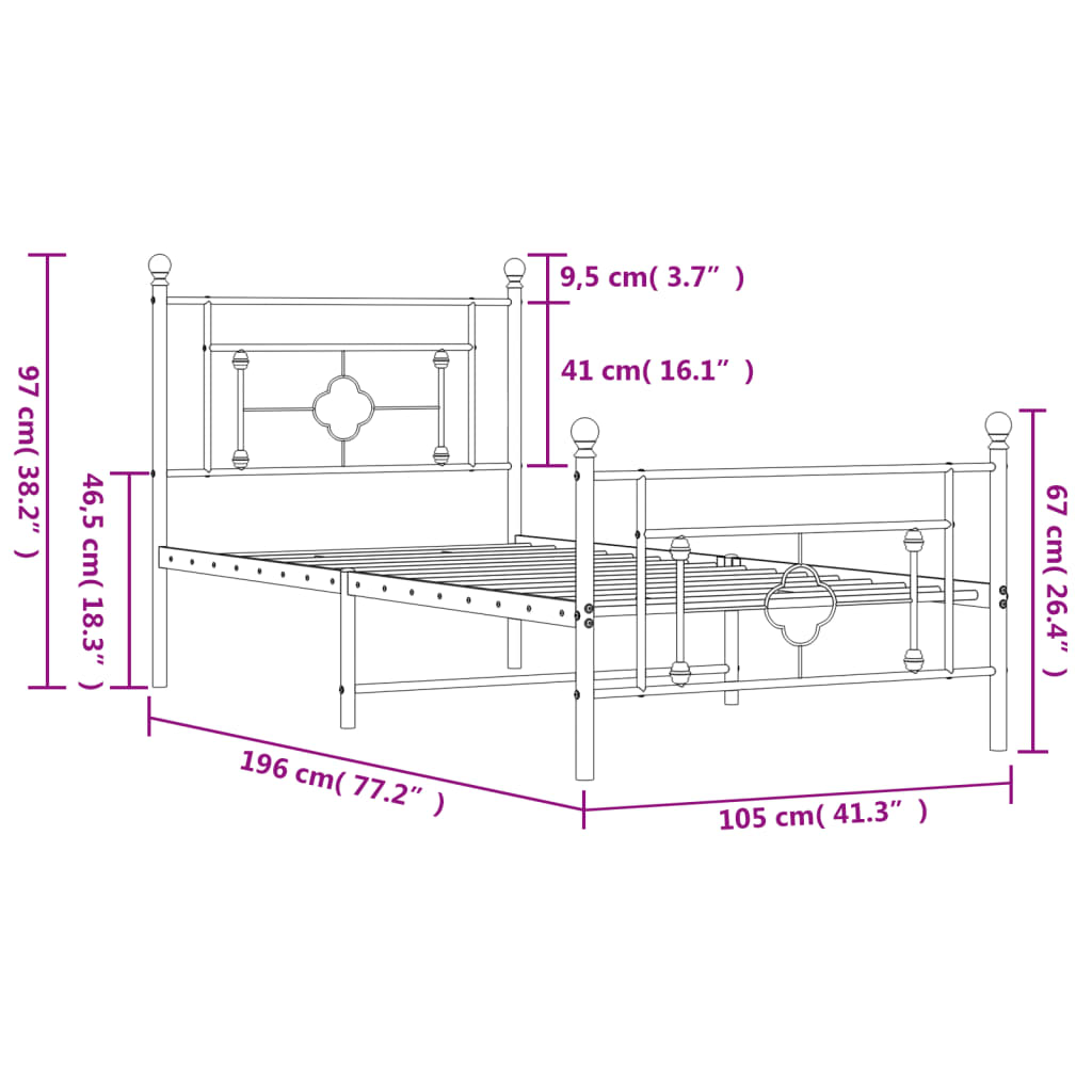 vidaXL Metalni okvir kreveta uzglavlje i podnožje crni 100x190 cm