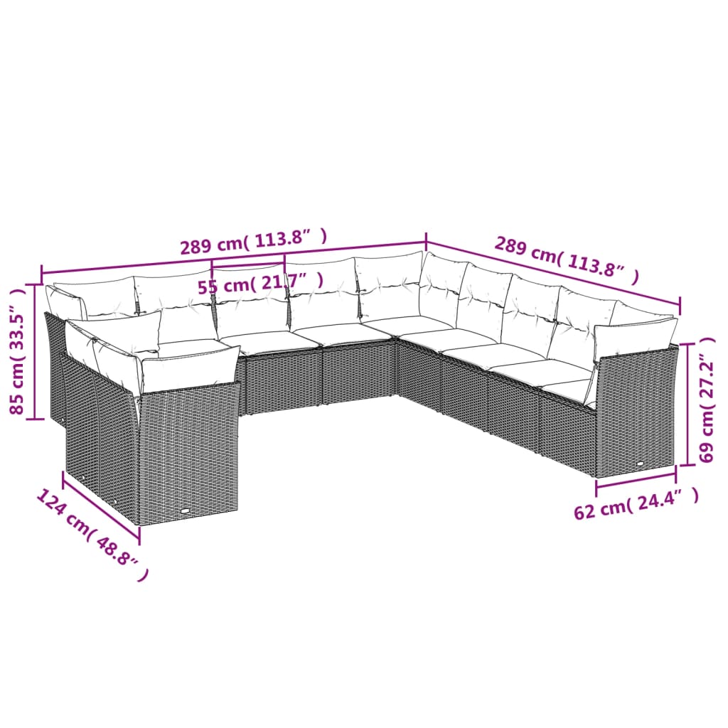 vidaXL 11-dijelni set vrtnih sofa od poliratana s jastucima crni