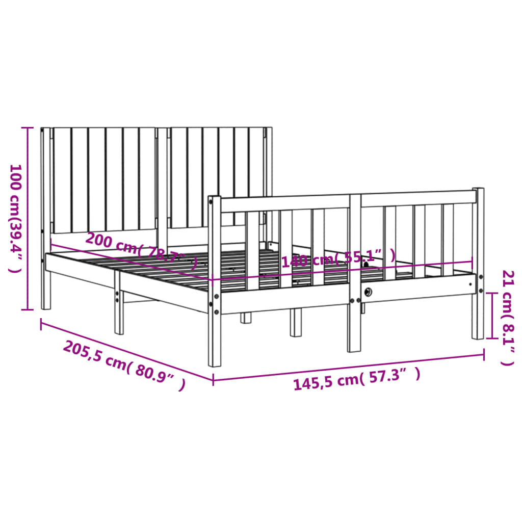 vidaXL Okvir za krevet s uzglavljem 140x200 cm od masivnog drva