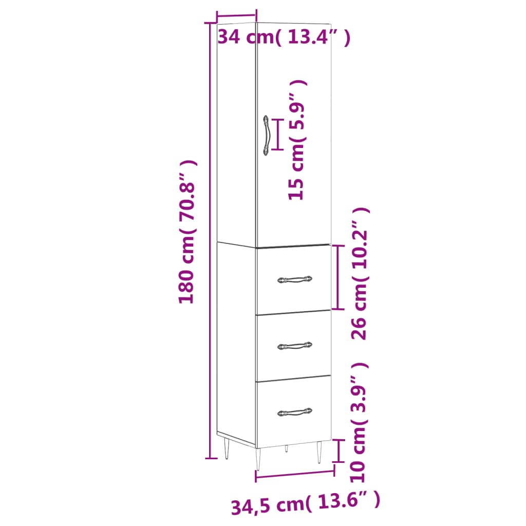 vidaXL Visoka komoda dimljeni hrast 34,5x34x180cm konstruiranog drva