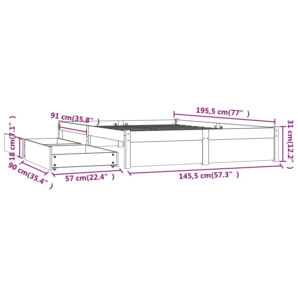 vidaXL Okvir za krevet s ladicama bijeli 140 x 190 cm