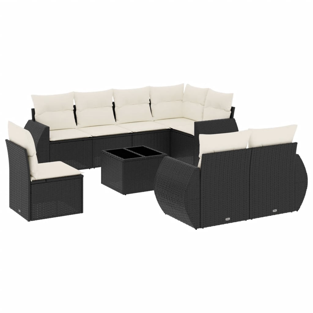 vidaXL 9-dijelni set vrtnih sofa s jastucima crni od poliratana