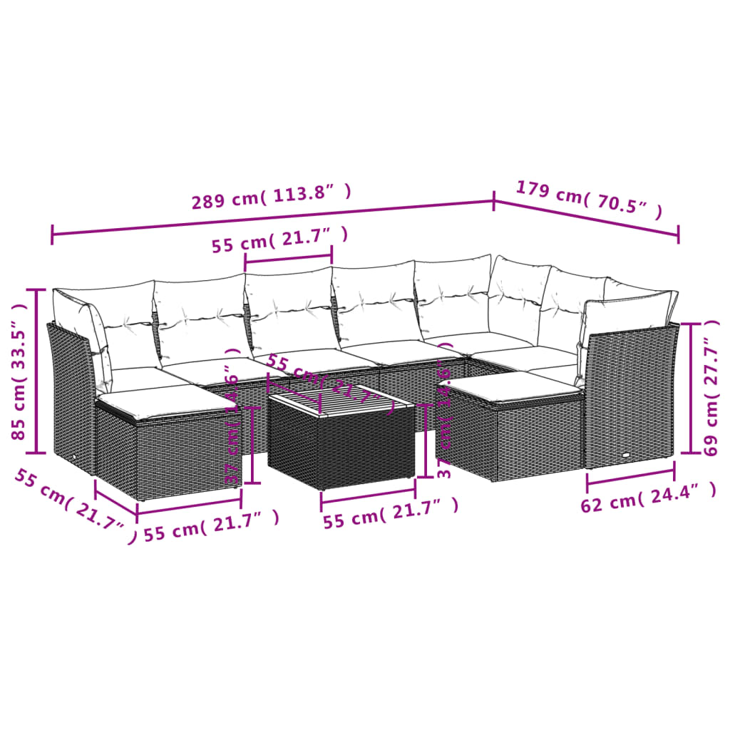 vidaXL 10-dijelni set vrtnih sofa s jastucima crni od poliratana