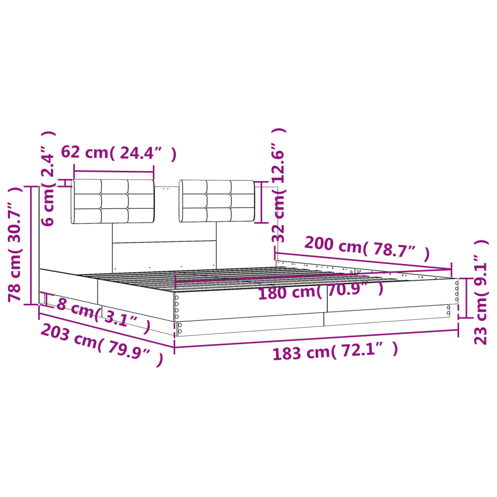 vidaXL Okvir za krevet s uzglavljem siva boja hrasta 180x200 cm drveni