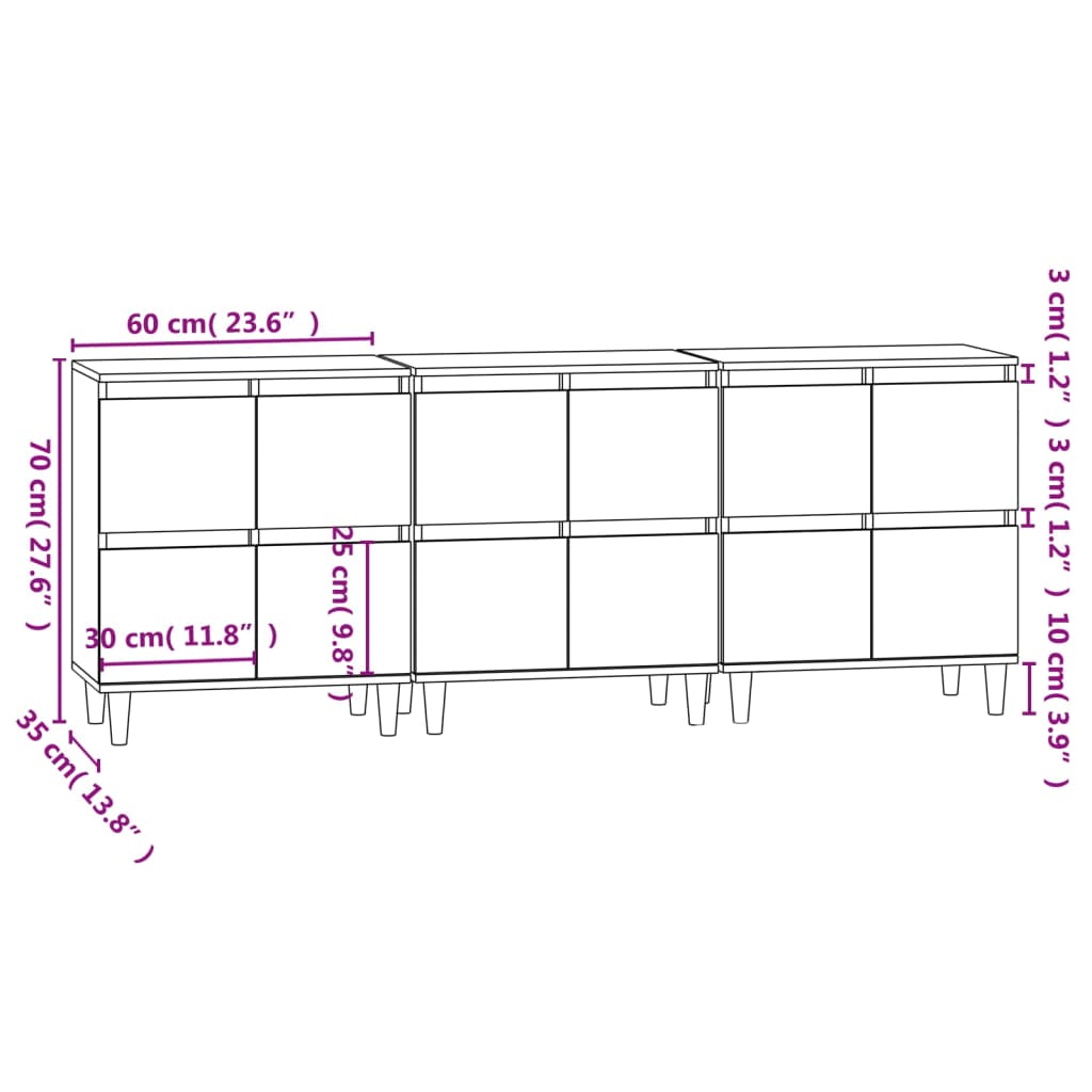 vidaXL Komode 3 kom siva boja betona 60x35x70 cm od konstruiranog drva