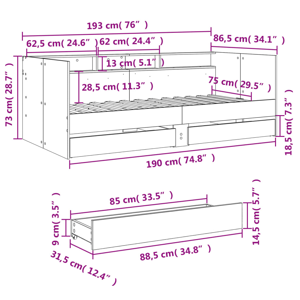 vidaXL Dnevni krevet s ladicama bez madraca crni 75x190 cm