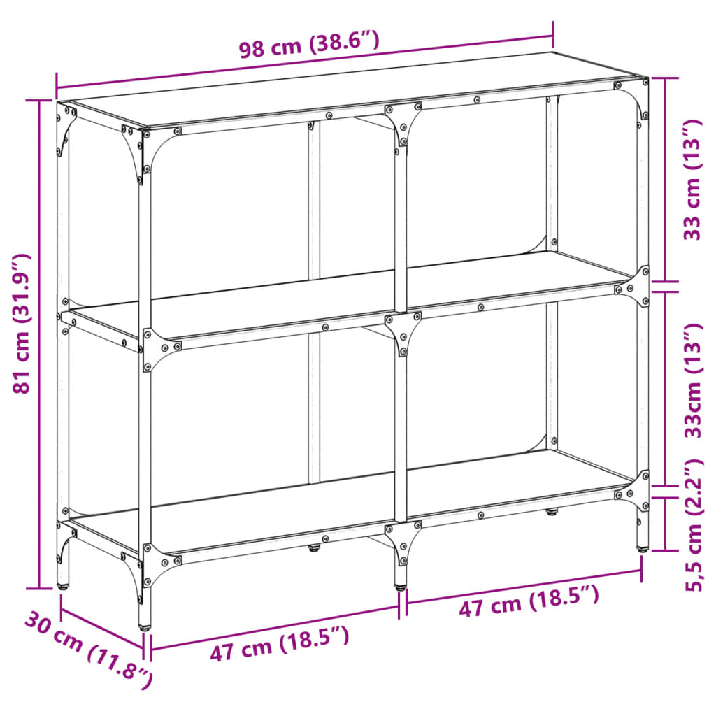 vidaXL Konzolni stol s crnom staklenom površinom 98x30x81 cm čelični