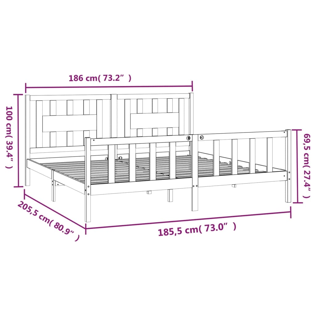 vidaXL Okvir za krevet crni od masivne borovine 180x200 cm bračni