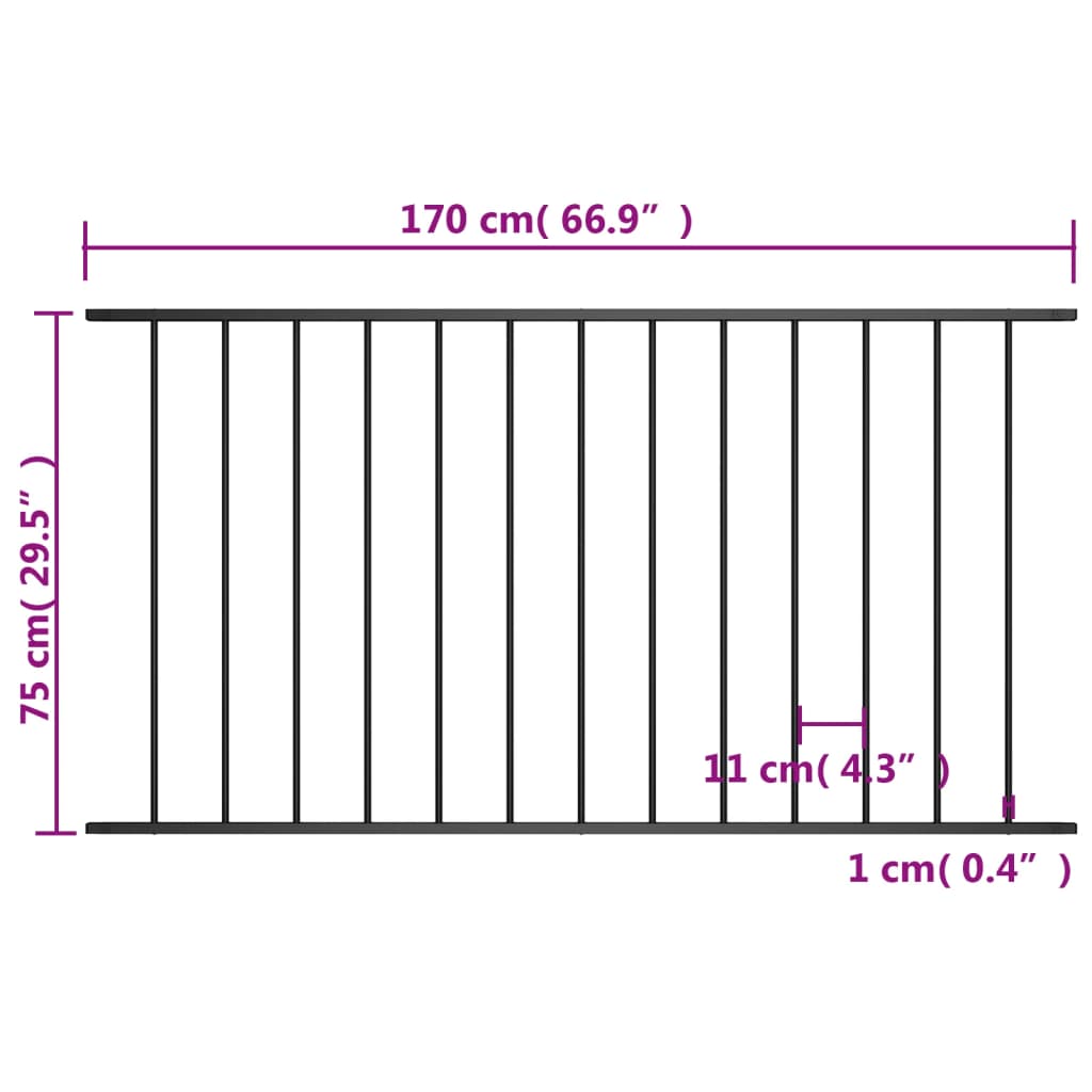 vidaXL Panel za ogradu od čelika obloženog prahom 1,7 x 0,75 m crni