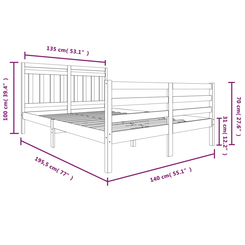 vidaXL Okvir za krevet od masivnog drva 135 x 190 cm 4FT6 bračni