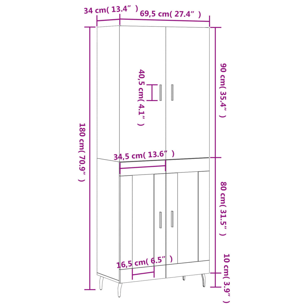 vidaXL Visoka komoda boja hrasta 69,5x34x180 cm od konstruiranog drva