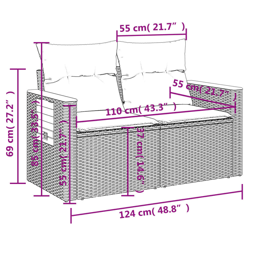 vidaXL 9-dijelni set vrtnih sofa s jastucima crni od poliratana