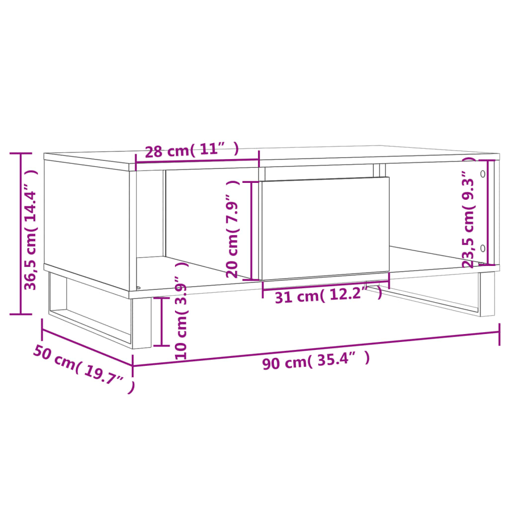 vidaXL Stolić za kavu boja sivog hrasta 90x50x36,5cm konstruirano drvo