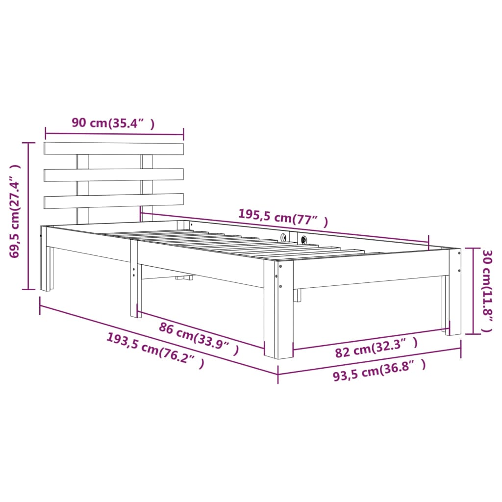 vidaXL Okvir za krevet crni od masivnog drva 90 x 190 cm mali