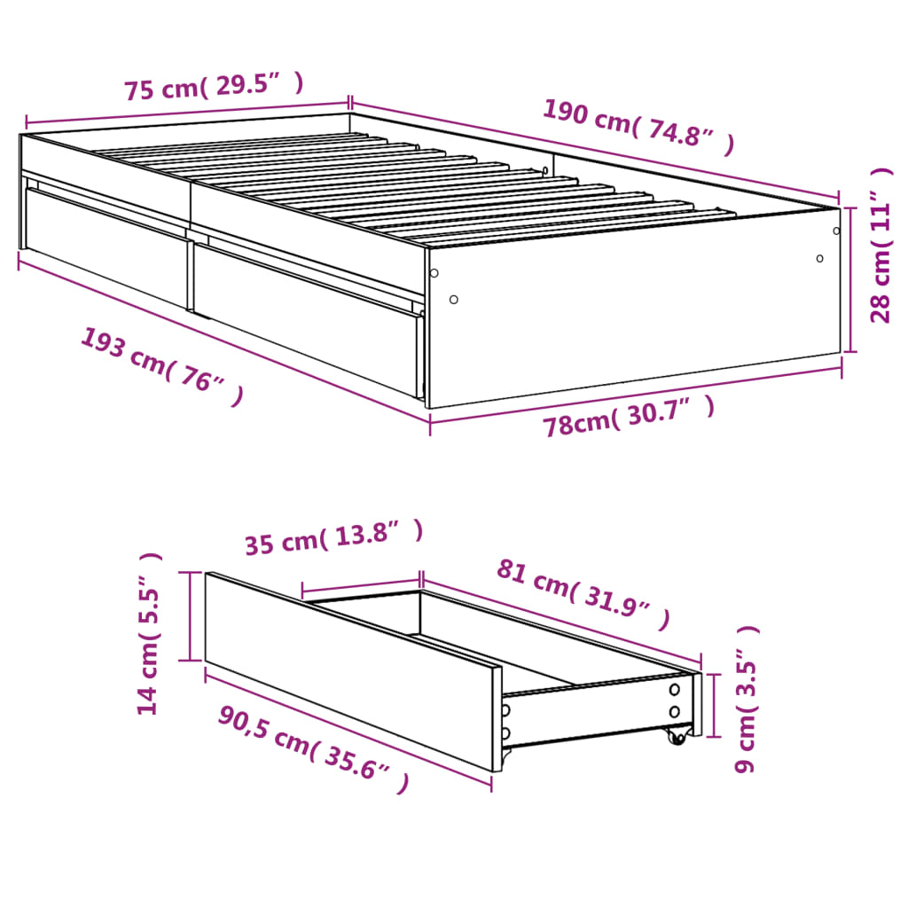 vidaXL Okvir kreveta s ladicama boja hrasta sonome 75x190 cm drveni