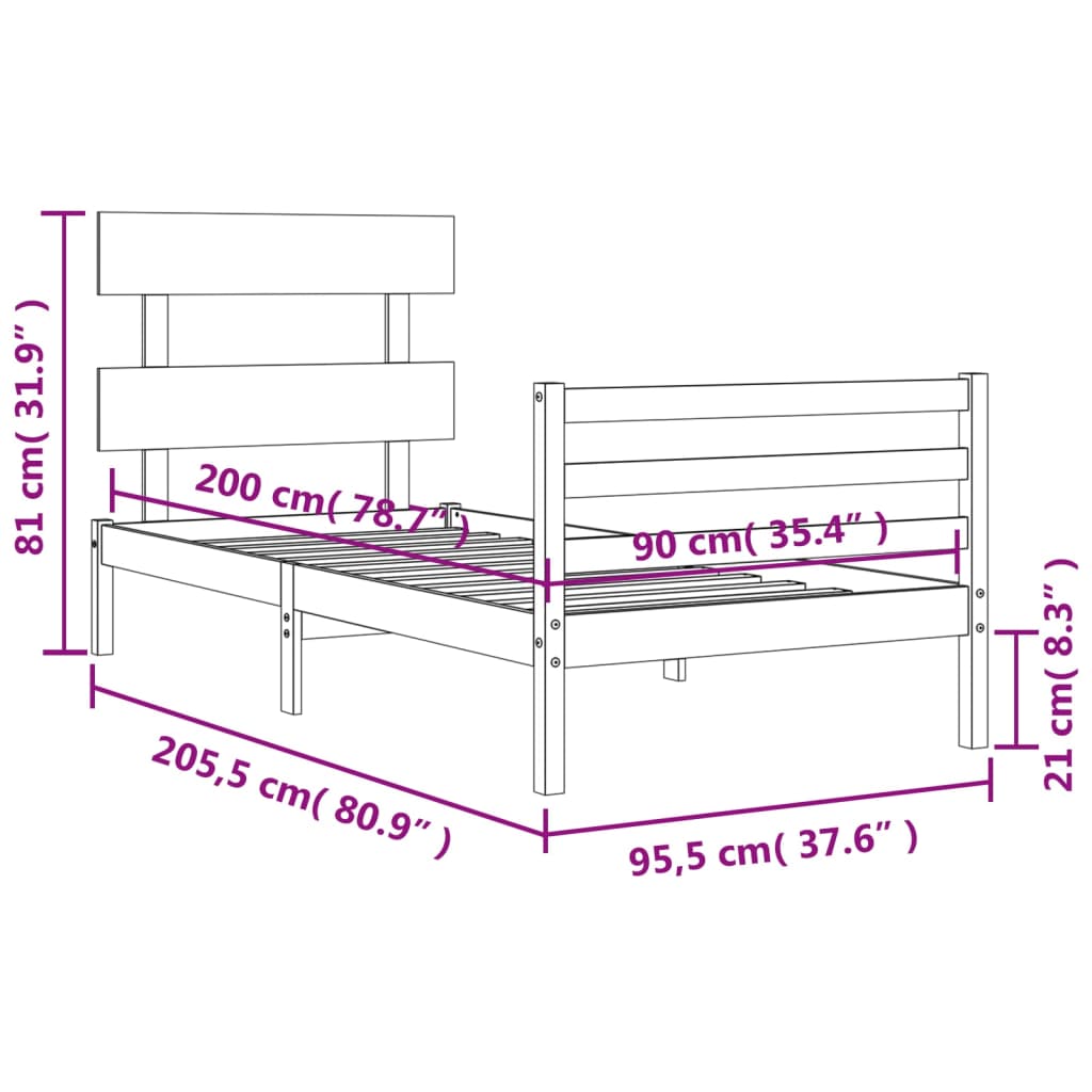 vidaXL Okvir kreveta s uzglavljem bijeli 90 x 200 cm od masivnog drva