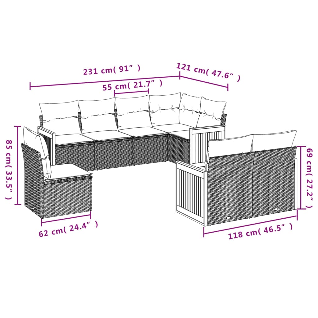 vidaXL 8-dijelni set vrtnih sofa od poliratana s jastucima sivi