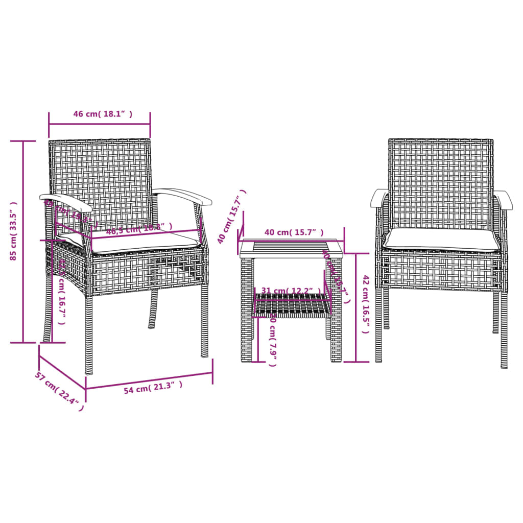 vidaXL 3-dijelni bistro set s jastucima poliratan i drvo bagrema bež