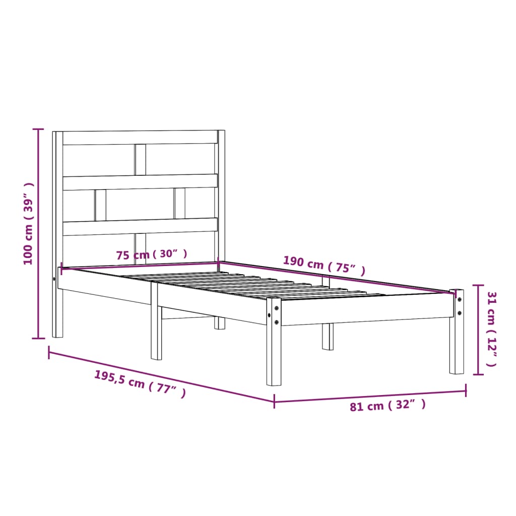 vidaXL Okvir za krevet od masivnog drva 75 x 190 cm 2FT6 jednokrevetni