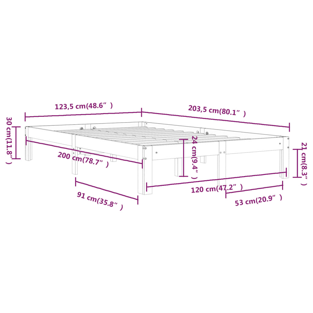 vidaXL Okvir za krevet od masivne borovine 120 x 200 cm