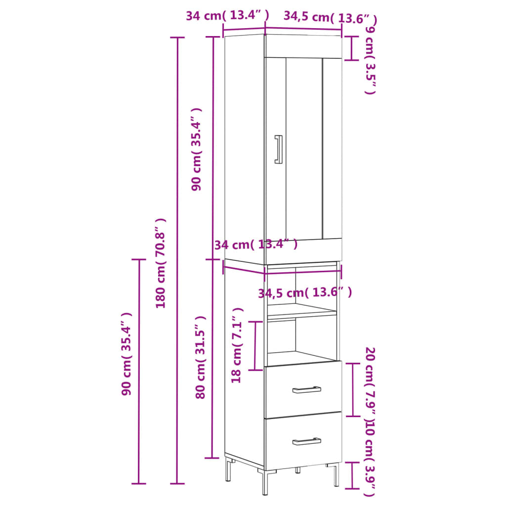 vidaXL Visoka komoda crna 34,5 x 34 x 180 cm od konstruiranog drva