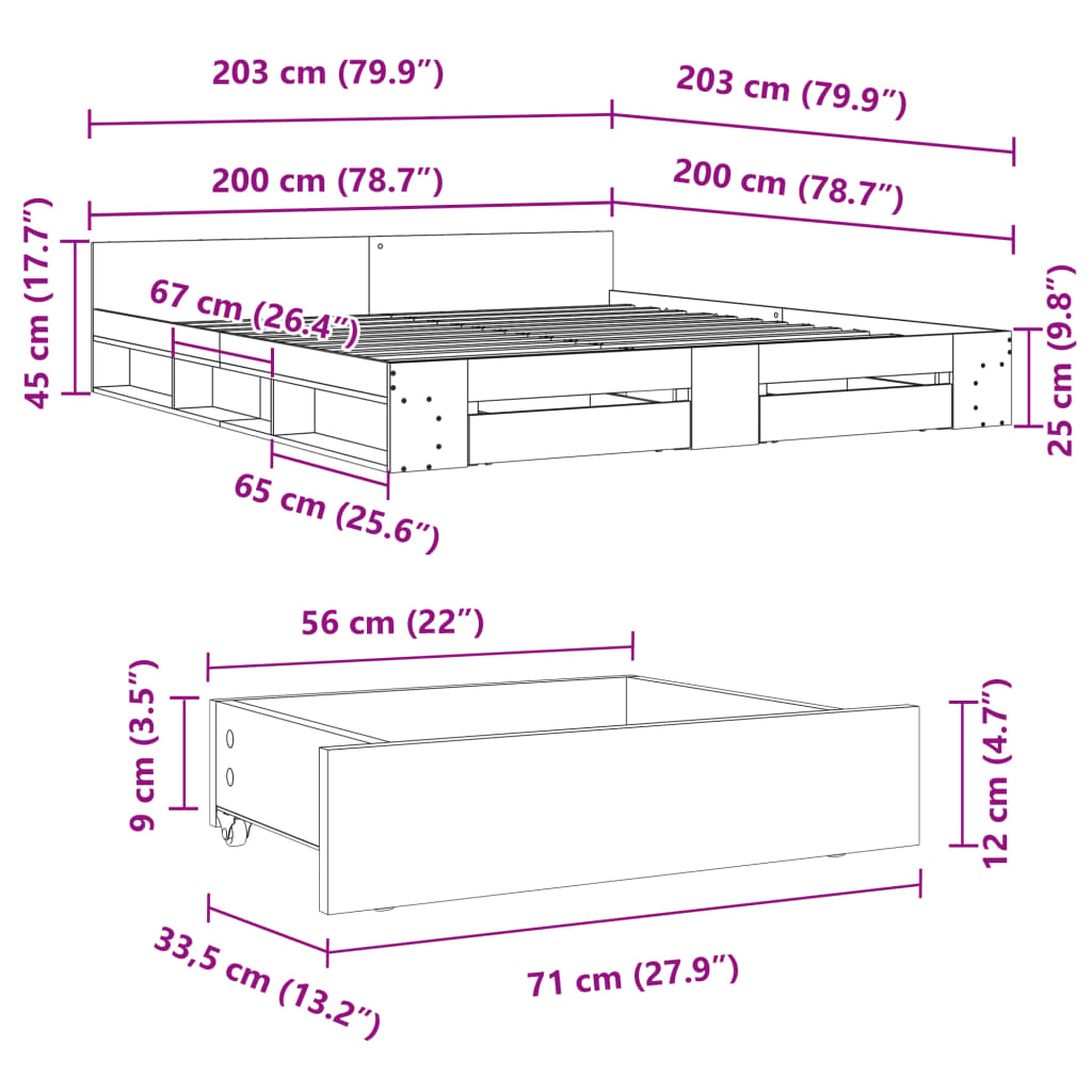 vidaXL Okvir za krevet s ladicama boja hrasta 200x200 cm drveni