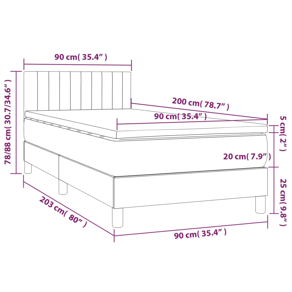 vidaXL Krevet box spring s madracem LED smeđesivi 90x200 cm tkanina