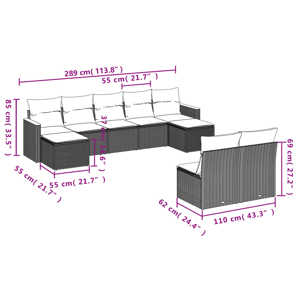 vidaXL 9-dijelni set vrtnih sofa s jastucima crni od poliratana