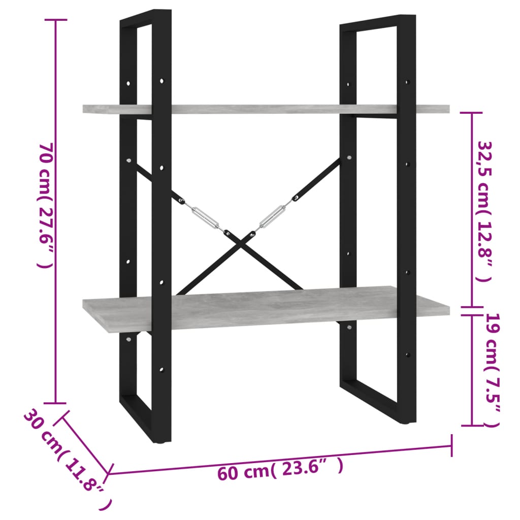 vidaXL Ormarić za knjige s 2 razine boja betona 60 x 30 x 70 cm drveni