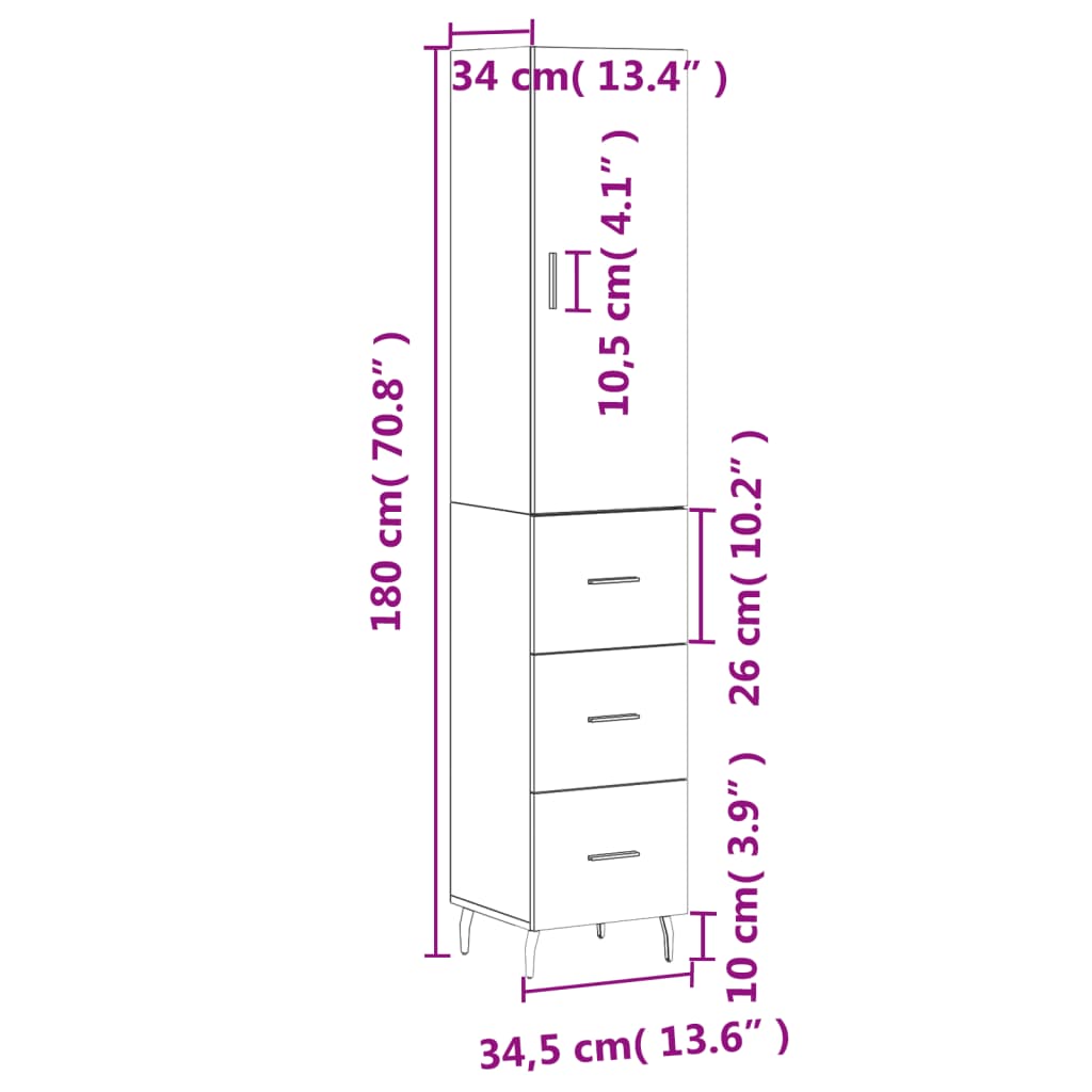 vidaXL Visoka komoda boja hrasta 34,5x34x180 cm od konstruiranog drva