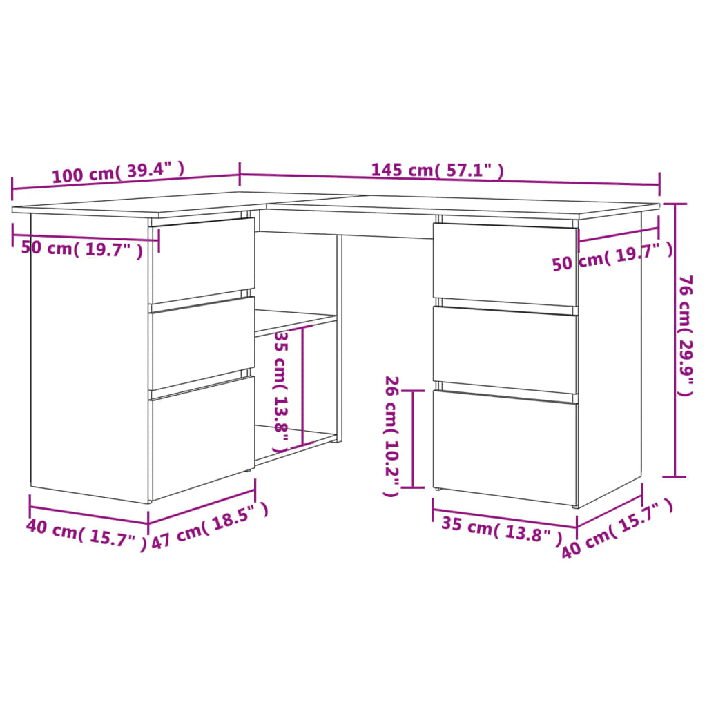 vidaXL Kutni radni stol dimljeni hrast 145x100x76 cm konstruirano drvo