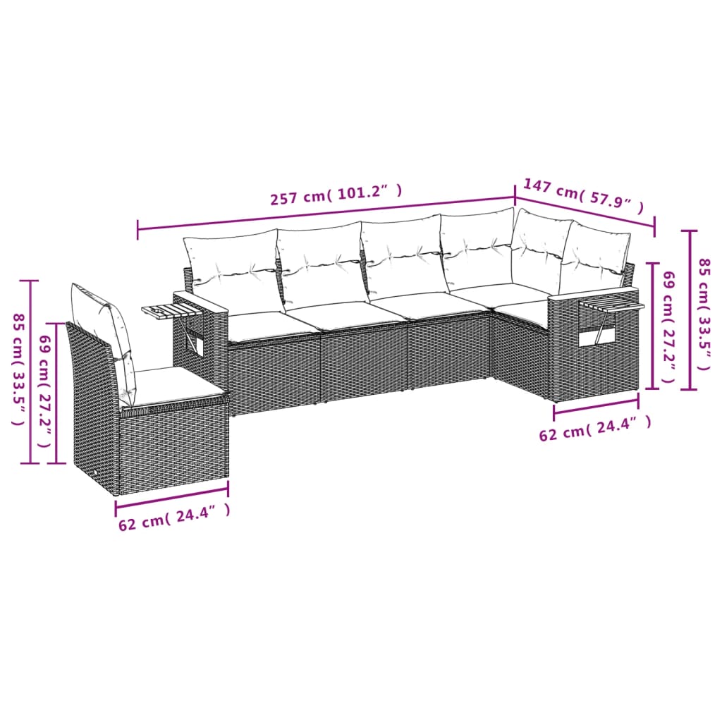 vidaXL 6-dijelni set vrtnih sofa s jastucima crni od poliratana