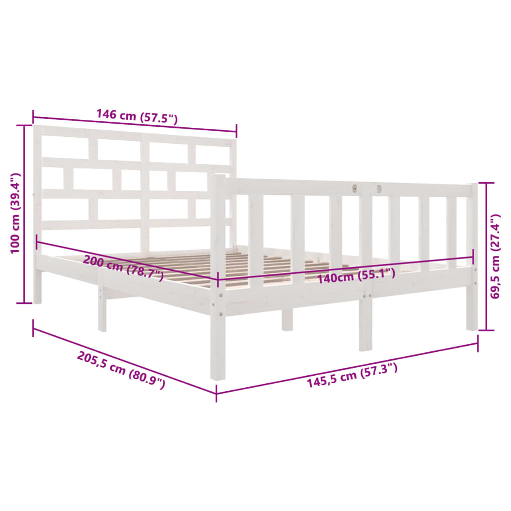 vidaXL Okvir za krevet od masivne borovine bijeli 140 x 200 cm