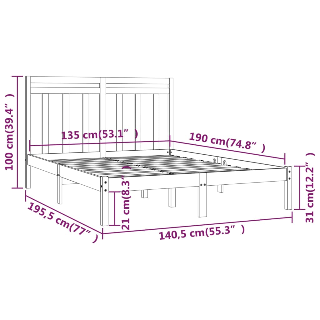 vidaXL Okvir za krevet od masivnog drva crni 135 x 190 cm 4FT6 bračni