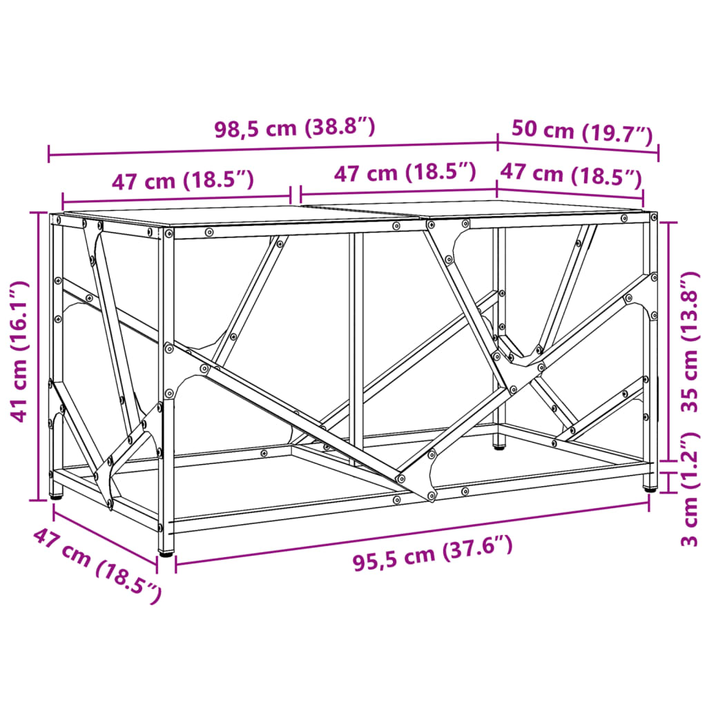 vidaXL Stolić s prozirnom staklenom površinom 98,5x50x41 cm čelik