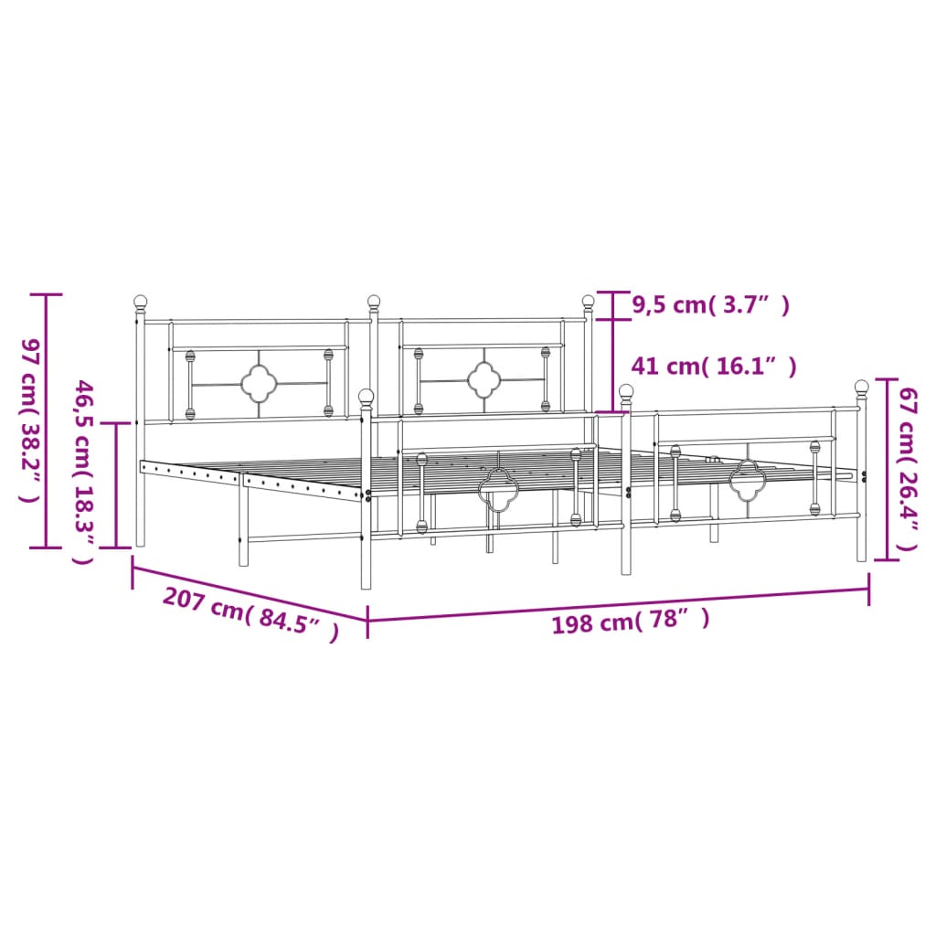 vidaXL Metalni okvir kreveta uzglavlje i podnožje bijeli 193x203 cm