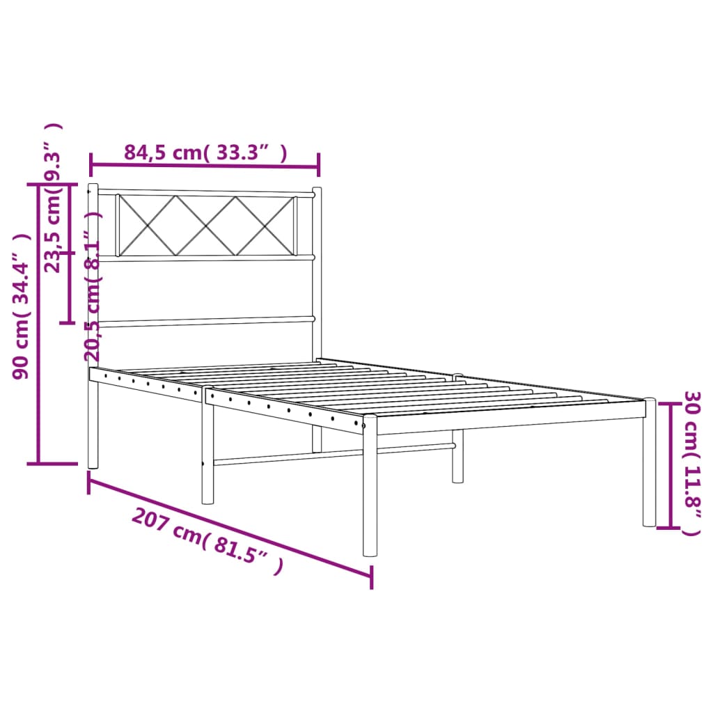 vidaXL Metalni okvir za krevet s uzglavljem crni 80x200 cm