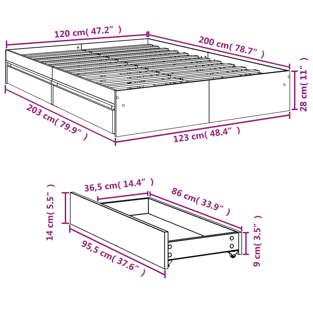 vidaXL Okvir kreveta s ladicama boja hrasta 120x200 cm