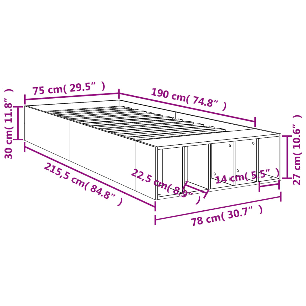 vidaXL Okvir za krevet boja hrasta 75x190 cm od konstruiranog drva