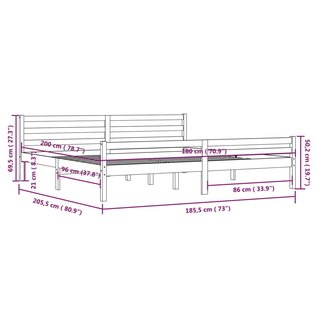 vidaXL Okvir za krevet od masivnog drva sivi 180 x 200 cm 6FT King