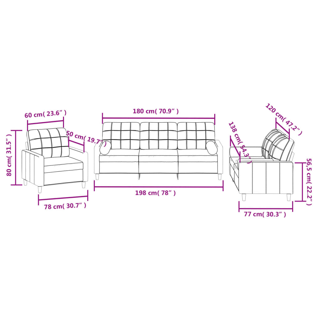 vidaXL 3-dijelni set sofa s jastucima smeđesivi od tkanine