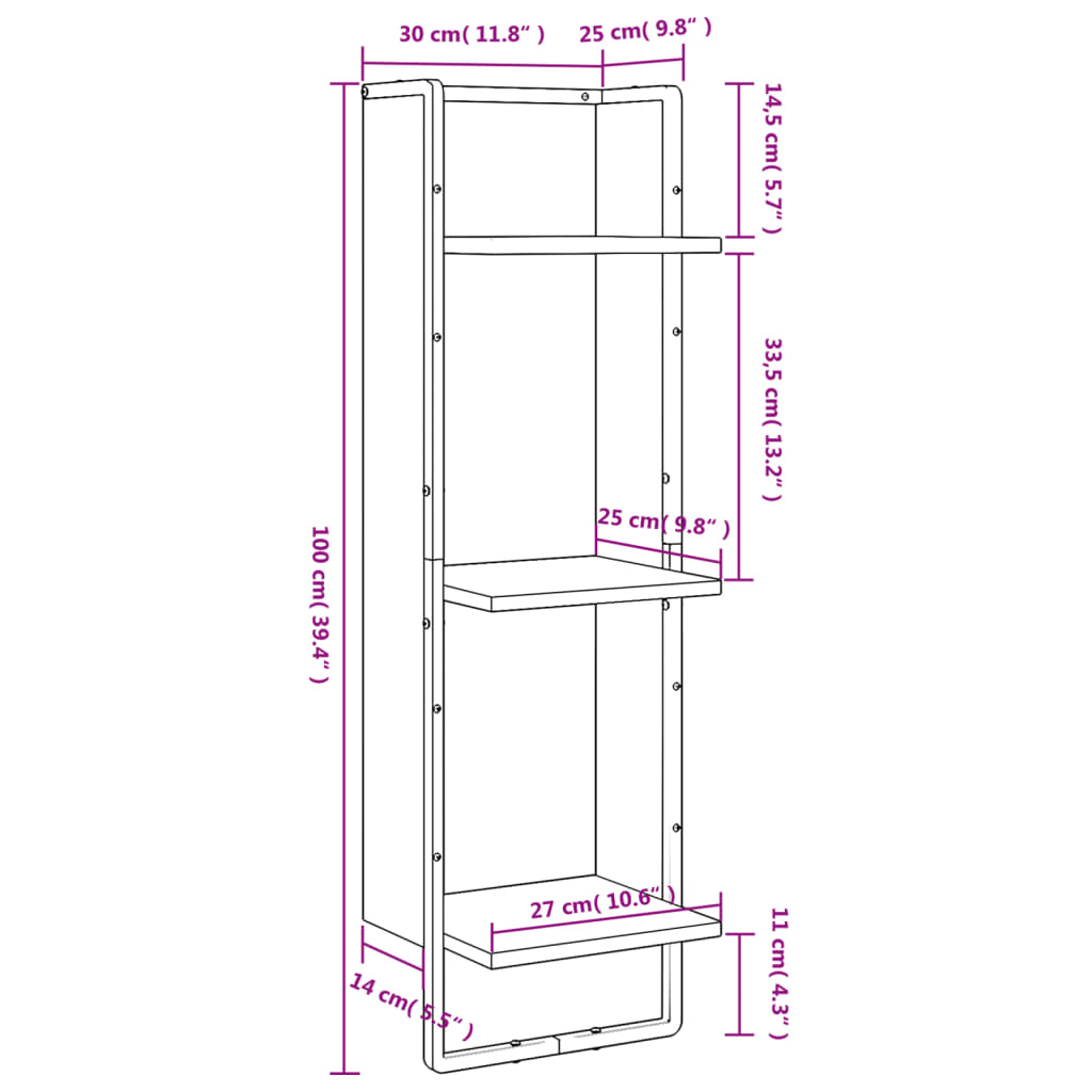 vidaXL Zidne police s 3 razine crne 30x25x100 cm konstruirano drvo