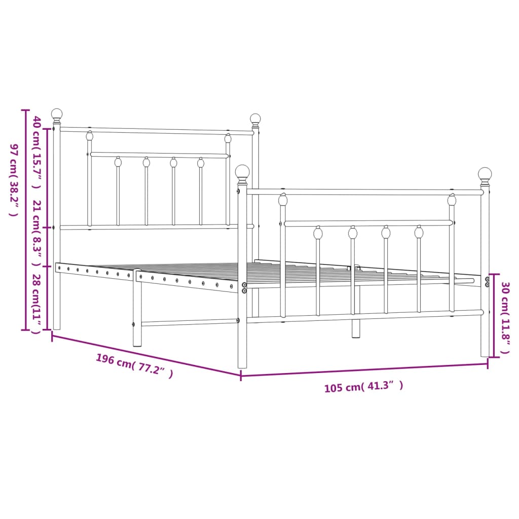 vidaXL Metalni okvir kreveta uzglavlje i podnožje bijeli 100x190 cm