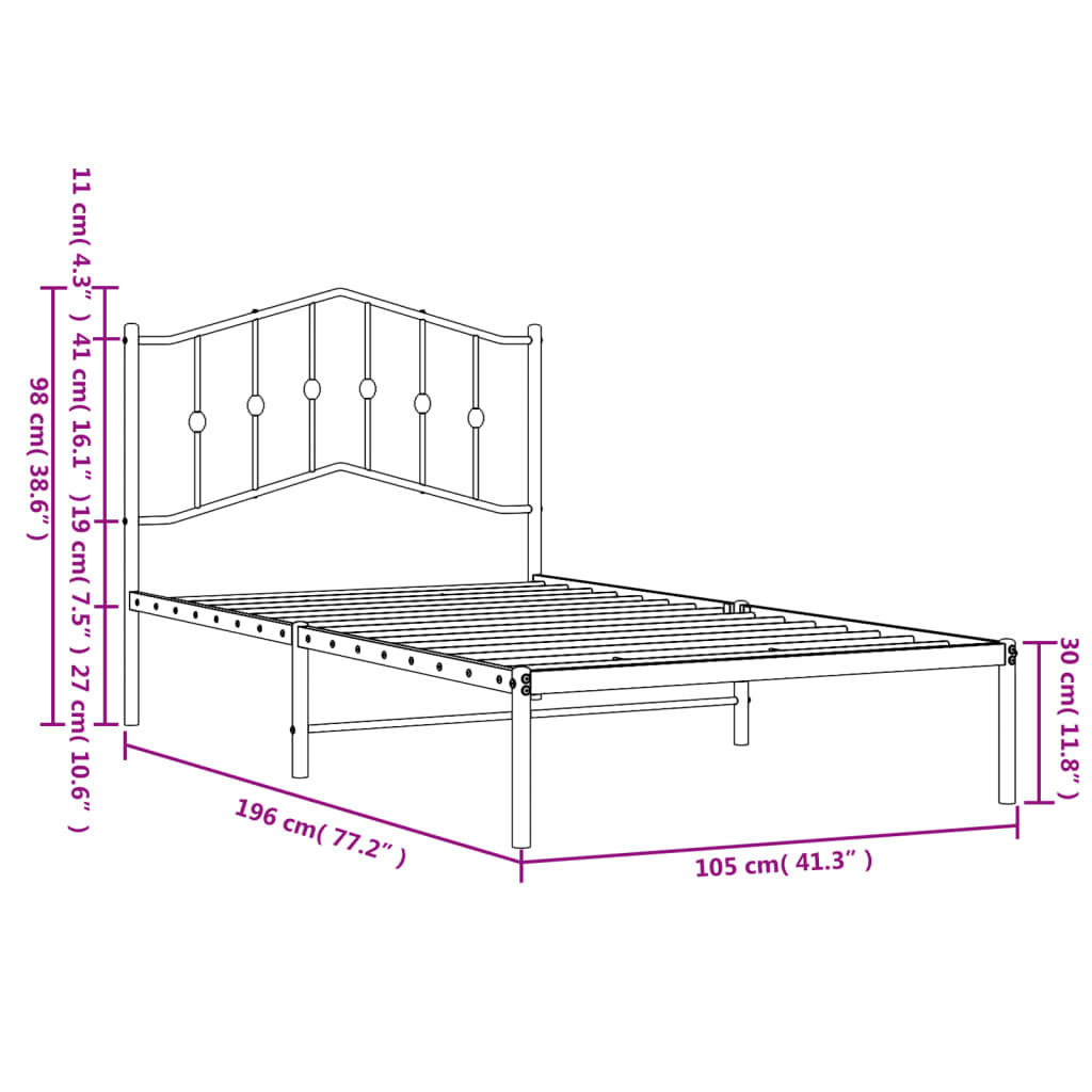 vidaXL Metalni okvir za krevet s uzglavljem bijeli 100x190 cm