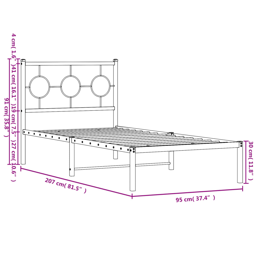 vidaXL Metalni okvir za krevet s uzglavljem crni 90x200 cm