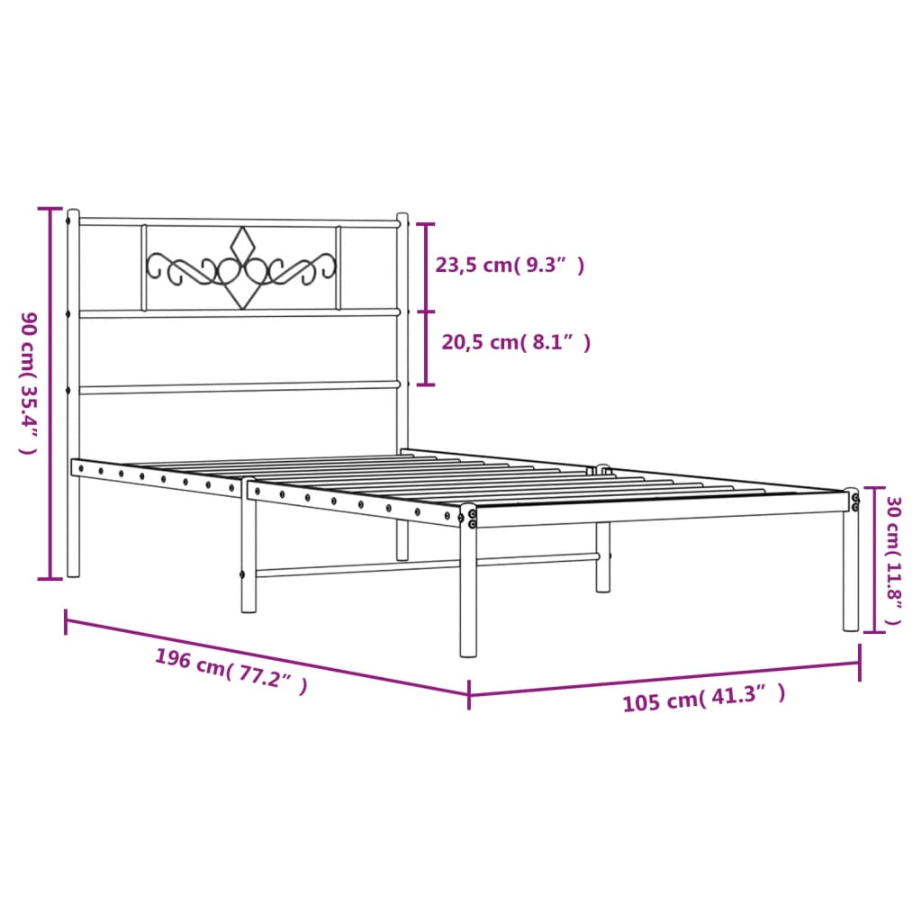 vidaXL Metalni okvir za krevet s uzglavljem crni 100x190 cm