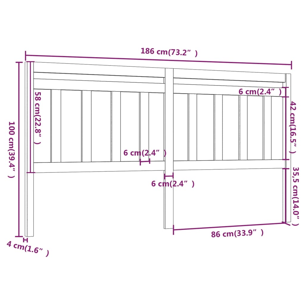 vidaXL Uzglavlje za krevet sivo 186 x 4 x 100 cm od masivne borovine