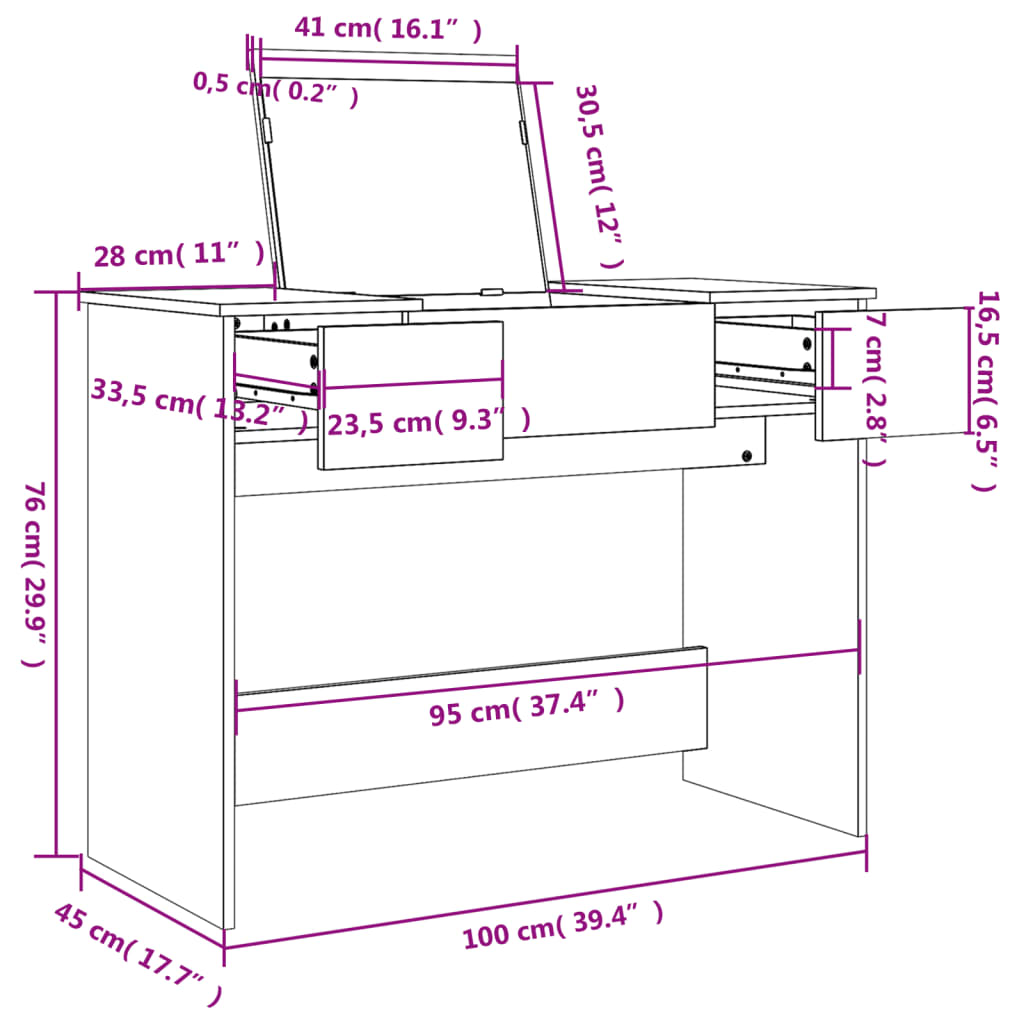 vidaXL Toaletni stolić s ogledalom boja dimljenog hrasta 100x45x76 cm