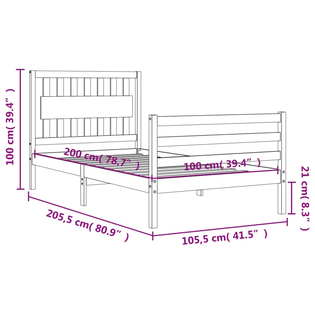 vidaXL Okvir za krevet s uzglavljem crni 100x200 cm od masivnog drva